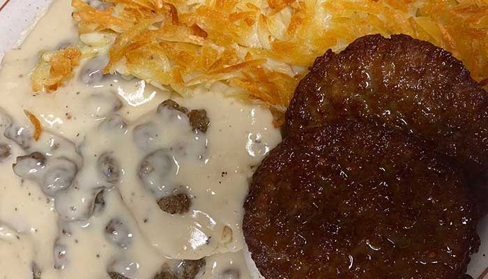 Saturday breakfast brunch specials at The Cove of Twin Falls served with hashbrowns, biscuits and homemade gravy and sausage patties