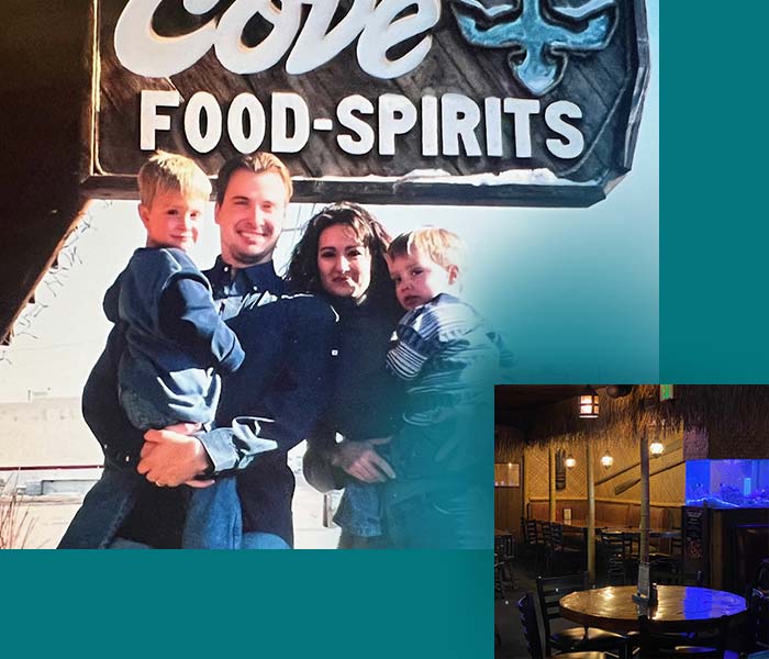 Deb and Johnny with family beginning their new restaurant and bar journey in 2005 out front of The Cove of Twin Falls