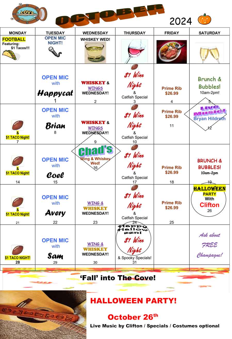 October calendar for the Cove of Twin Falls