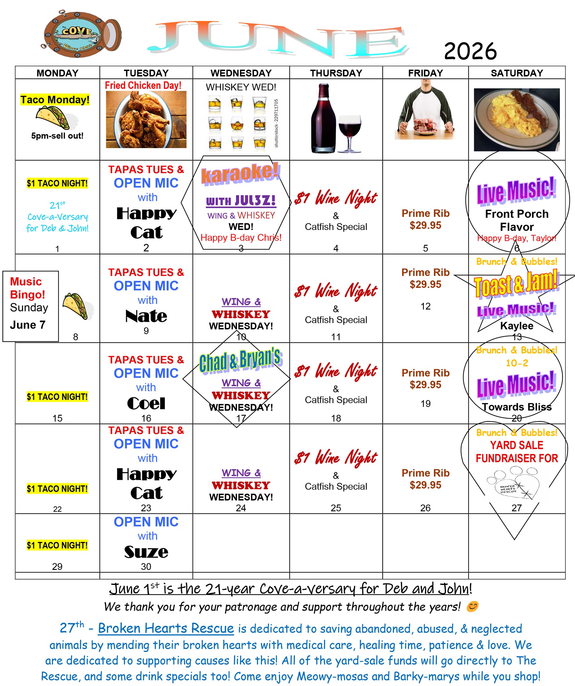June 2026 calendar with daily restaurant events, food specials, and live music listed.