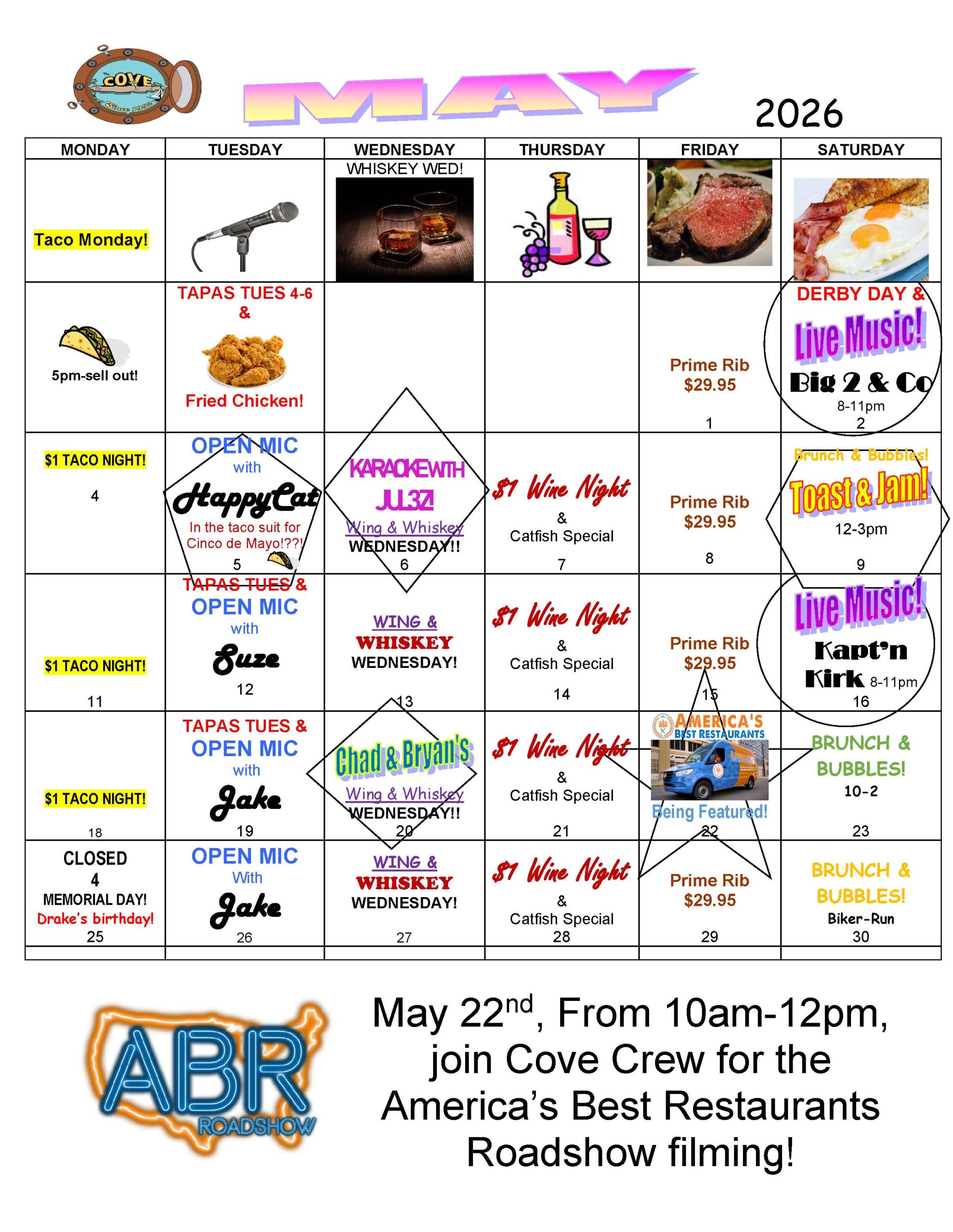 May 2026 event calendar with daily food specials, live music, and restaurant events.