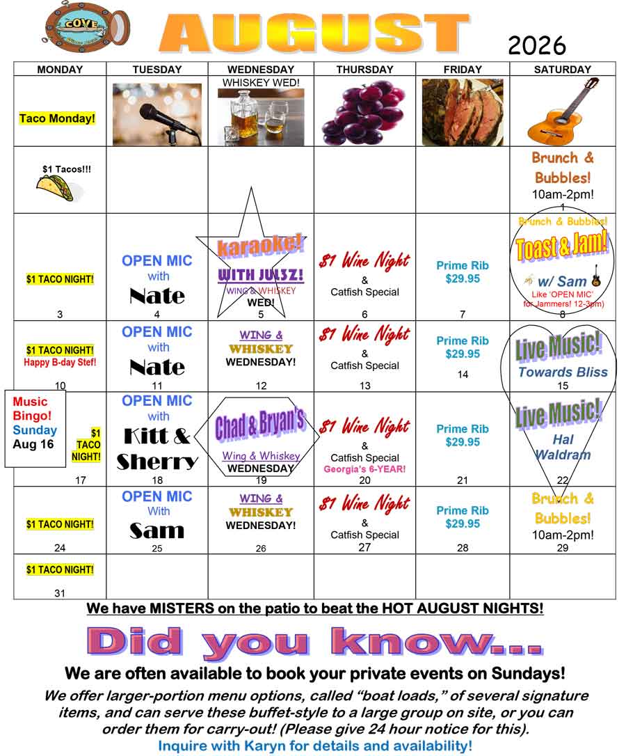 August 2026 event calendar for a restaurant with themed nights and live music listed daily.