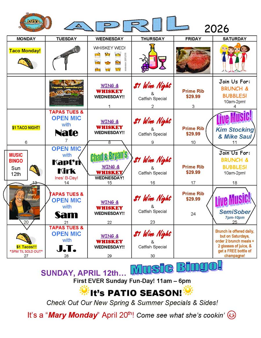 April 2026 cafe event calendar with themed nights, live music, bingo, and food specials.