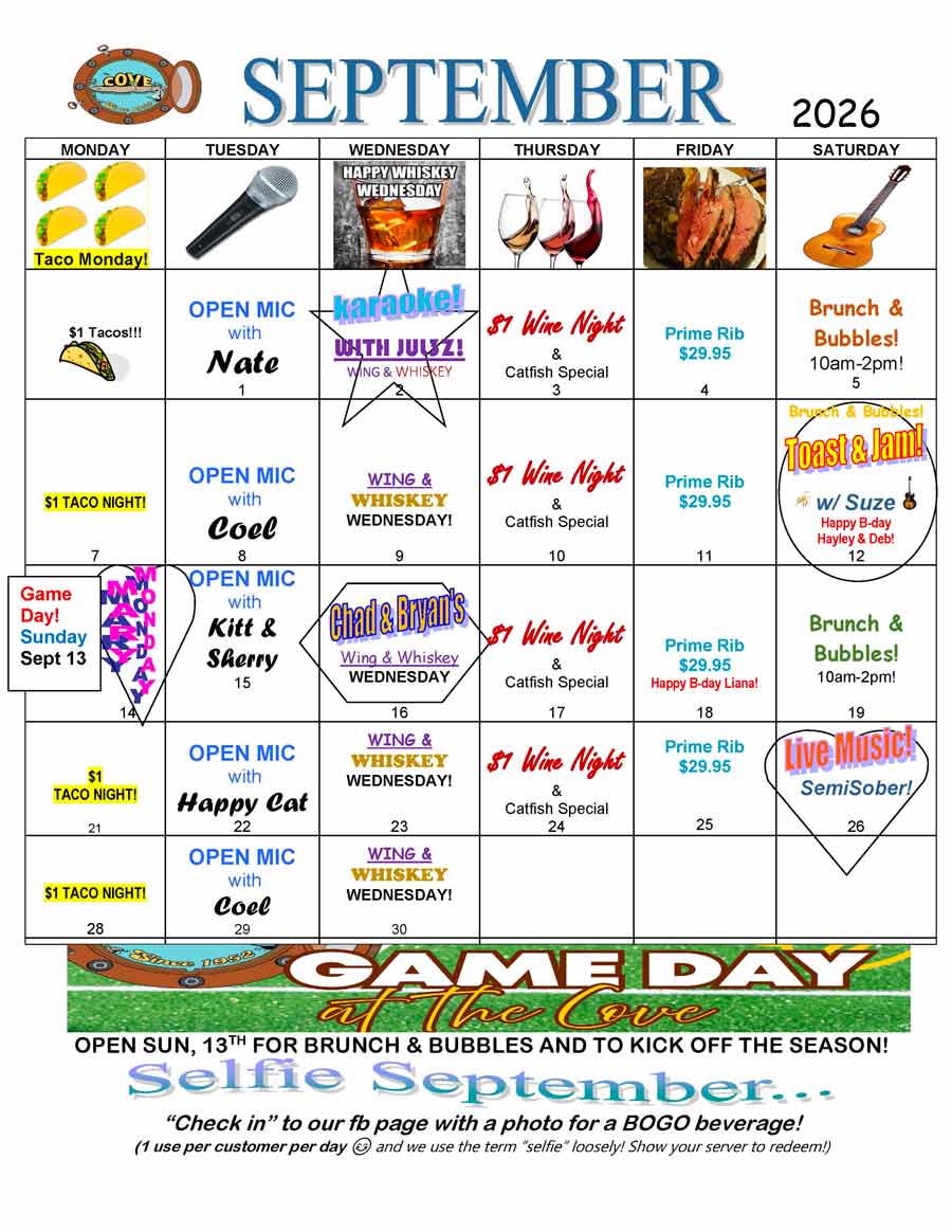 September 2026 event calendar with themed nights, brunch, karaoke, live music, and food specials.